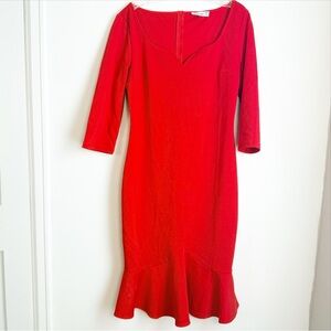 VfEmage Vibrant Red 3/4 Length Sleeve Dress with Sweetheart Neck, Ruffle